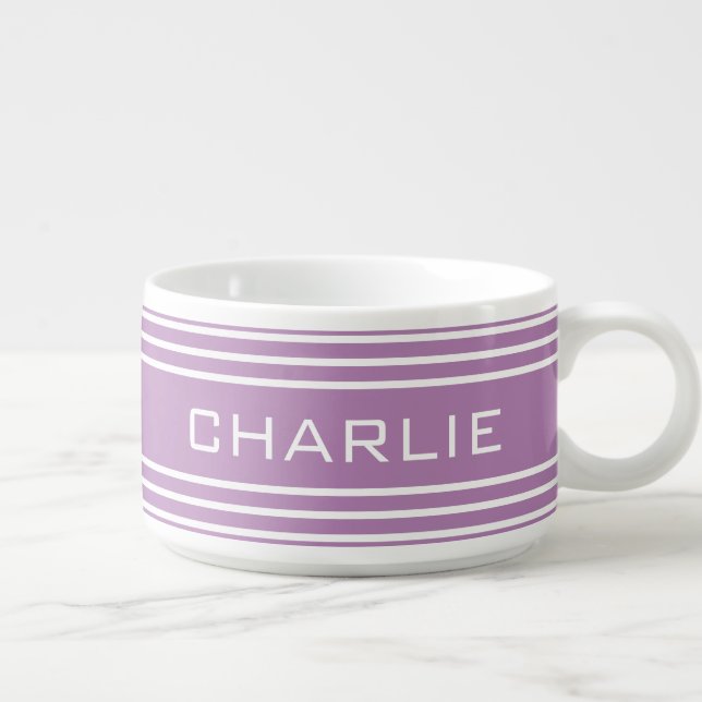Lilac Stripes custom monogram chili bowl (Left)