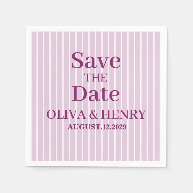 LILAC STRIPES STYLISH SIMPLE SCRIPT SAVE THE DATE NAPKINS (Front)