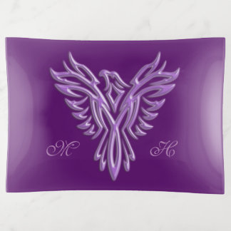 Lilac stylized phoenix on purple trinket tray