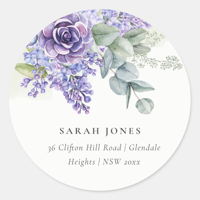 Lilac Succulent Eucalyptus Botanical Bunch Address Classic Round Sticker