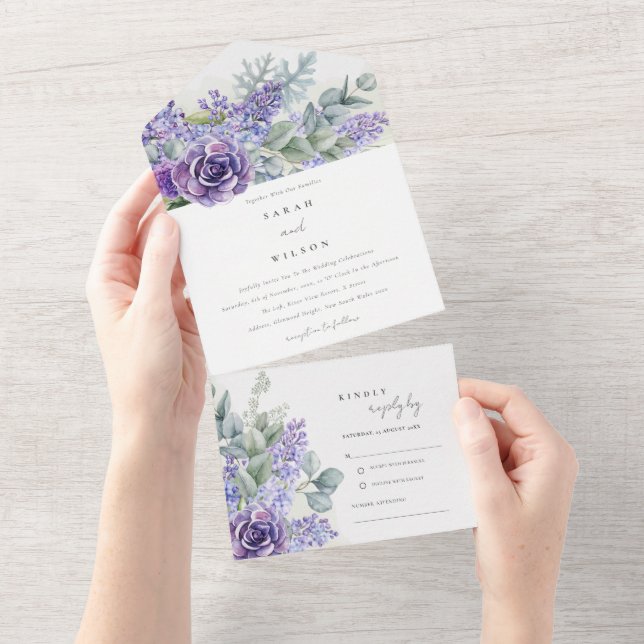 Lilac Succulent Eucalyptus Botanical Bunch Wedding All In One Invitation (Tearaway)