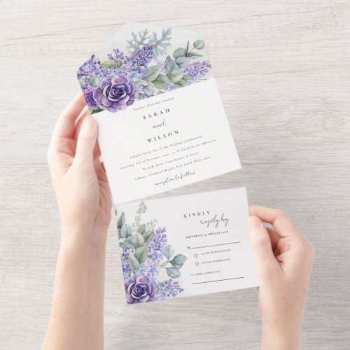 Lilac Succulent Eucalyptus Botanical Bunch Wedding All In One Invitation