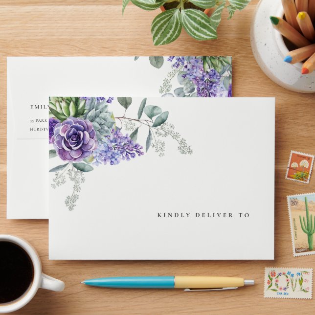 Lilac Succulent Eucalyptus Botanical Bunch Wedding Envelope (Desk)
