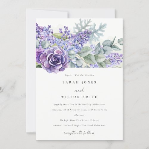 Lilac Succulent Eucalyptus Botanical Bunch Wedding Invitation