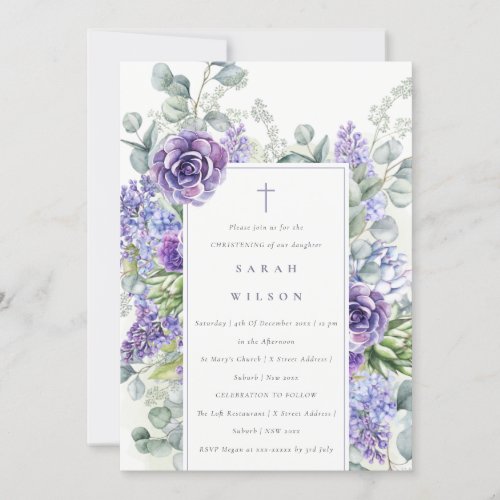 Lilac Succulent Eucalyptus Botanical Christening Invitation