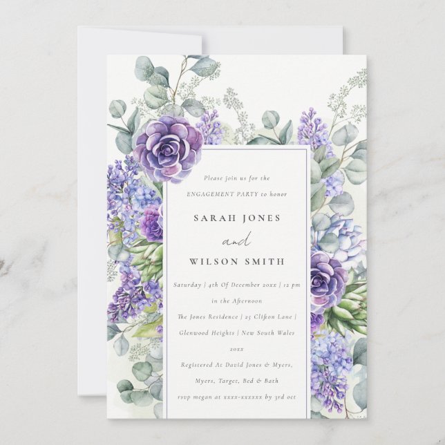 Lilac Succulent Eucalyptus Botanical Engagement  Invitation (Front)