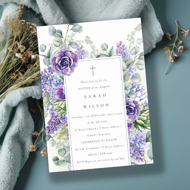Lilac Succulent Eucalyptus Botanical Frame Baptism Invitation (Creator Uploaded)