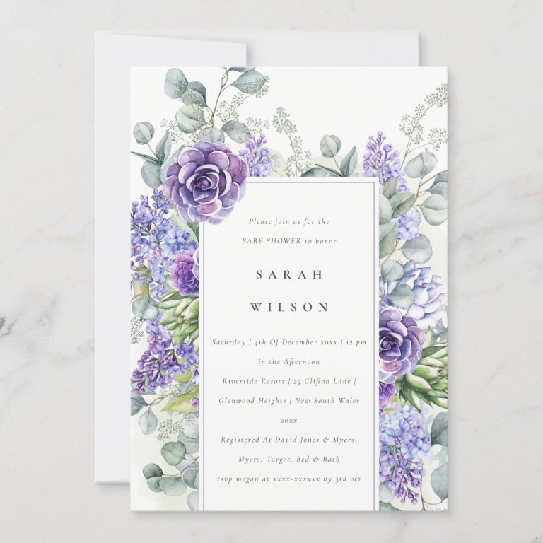 Lilac Succulent Eucalyptus Foliage Baby Shower Invitation