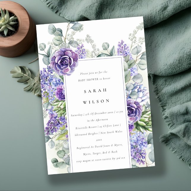 Lilac Succulent Eucalyptus Foliage Baby Shower Invitation (Creator Uploaded)