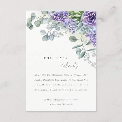 Lilac Succulent Eucalyptus Foliage Wedding Details Enclosure Card