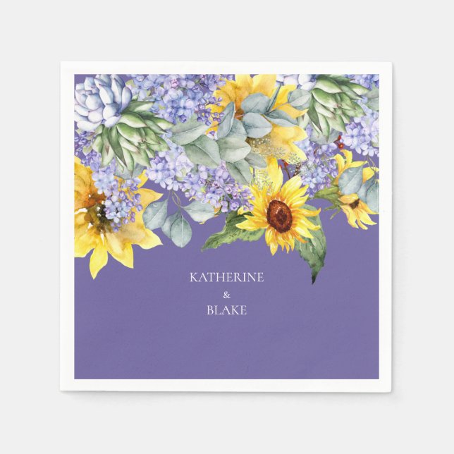Lilac & Sunflower Wedding Couple Names Napkins (Front)