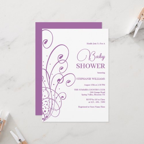 Lilac Swirls  Flourishes Baby Shower Invitation