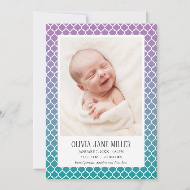 Lilac Teal Gradient Quatrefoil Birth Announcement (Front)