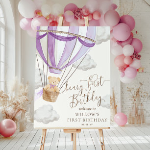 Lilac Teddy Bear Beary First Birthday Welcome Sign