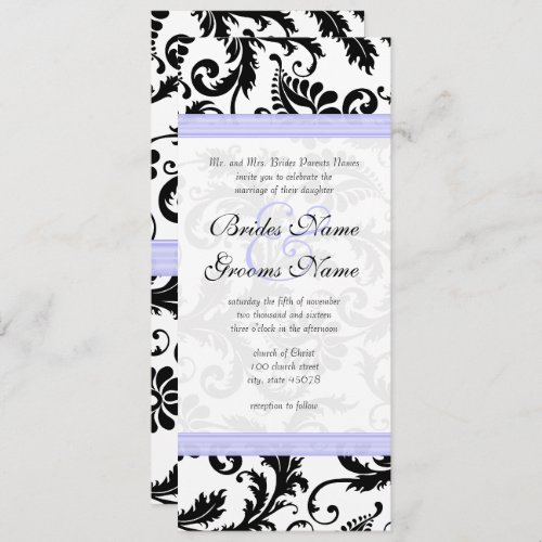 Lilac Trim Black Damask Swirls Wedding Invitation