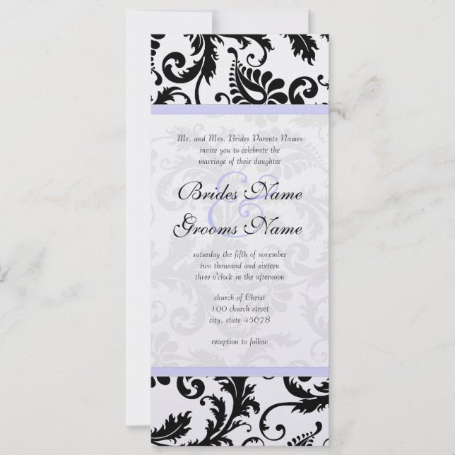 Lilac Trim Black Damask Swirls Wedding Invitation (Front)