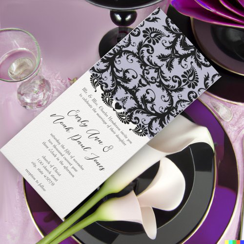 Lilac Trim Black Damask Swirls Wedding Invitation