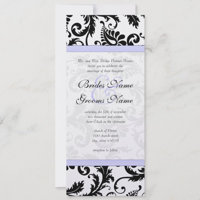 Lilac Trim Black Damask Swirls Wedding Invitation (Front)