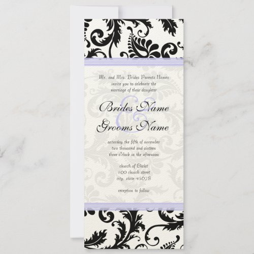 Lilac Trim Black Damask Swirls Wedding Invitation