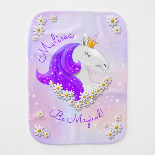 Lilac Unicorn Princess Baby Shower Gift Baby Burp Cloth (Front)