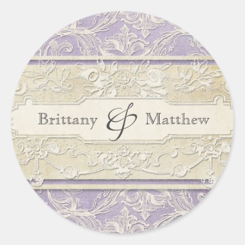 Lilac Vintage French Regency Lace Etched Wedding Classic Round Sticker