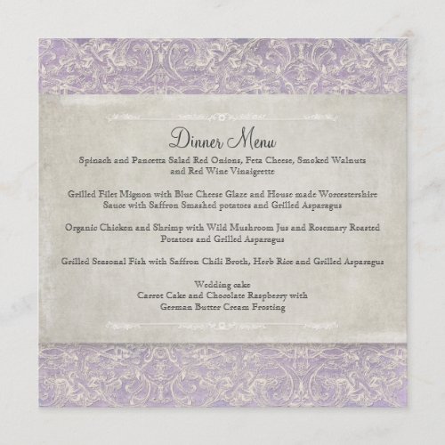 Lilac Vintage French Regency Lace Etched Wedding Menu