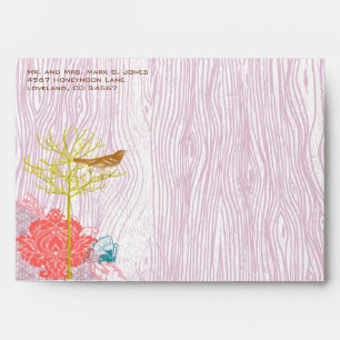 Lilac Vintage Wood Grain Tree Bird Damask Envelope