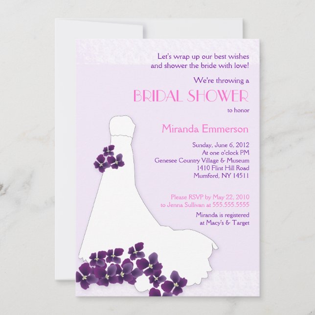 Lilac & Violets Bride Dress Bridal Shower 5x7 Invitation (Front)