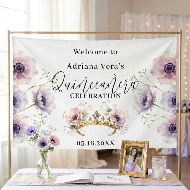 Lilac Watercolor Anemone Gold Tiara Quinceanera Banner (Creator Uploaded)