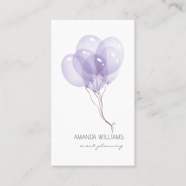 Lilac Watercolor Balloons Event Planner Business Card (Front)