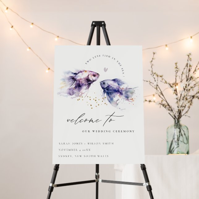 Lilac Watercolor Coastal Fish Wedding Welcome Foam Board (In Situ (Stand))
