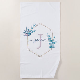 Lilac Watercolor Eucalyptus Frame Monogram Classic Beach Towel
