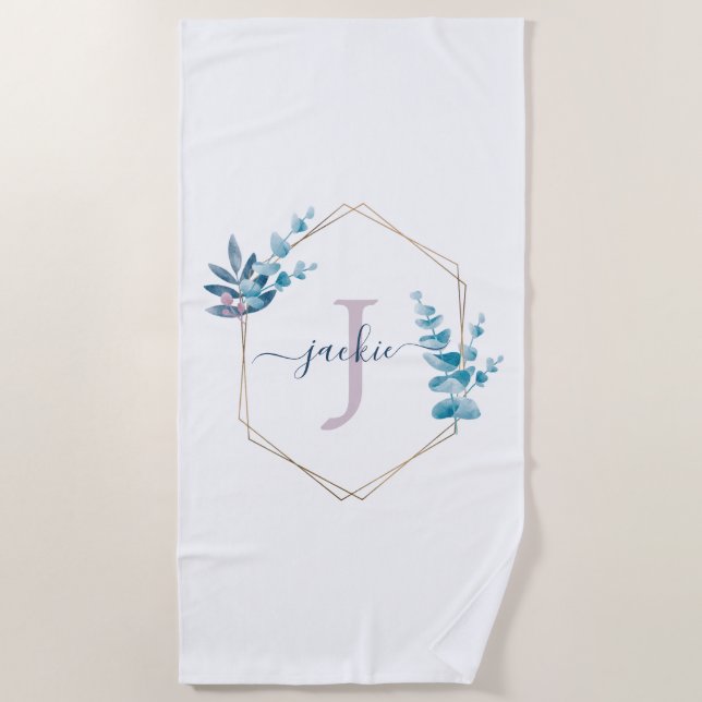 Lilac Watercolor Eucalyptus Frame Monogram Classic Beach Towel (Front)