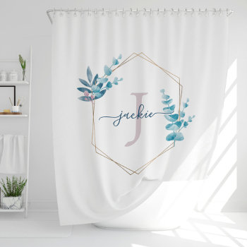 Lilac Watercolor Eucalyptus Frame Monogram Shower Curtain by heartlocked at Zazzle