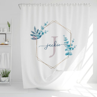 Lilac Watercolor Eucalyptus Frame Monogram Shower Curtain