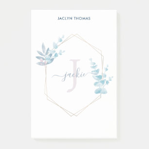 Lilac Watercolor Eucalyptus Framed Monogram Post-it Notes