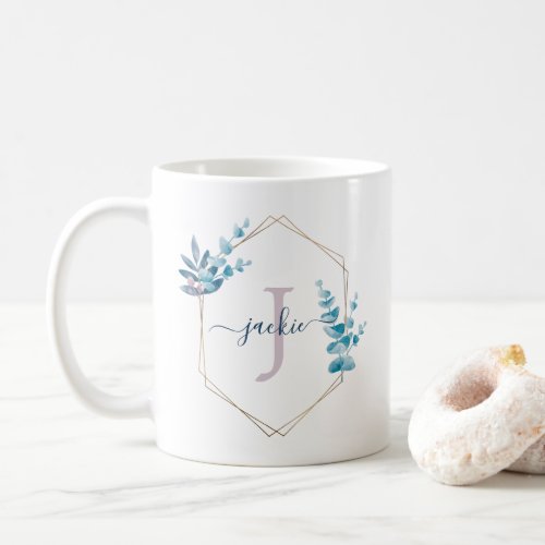 Lilac Watercolor Eucalyptus Wreath Monogram Coffee Mug