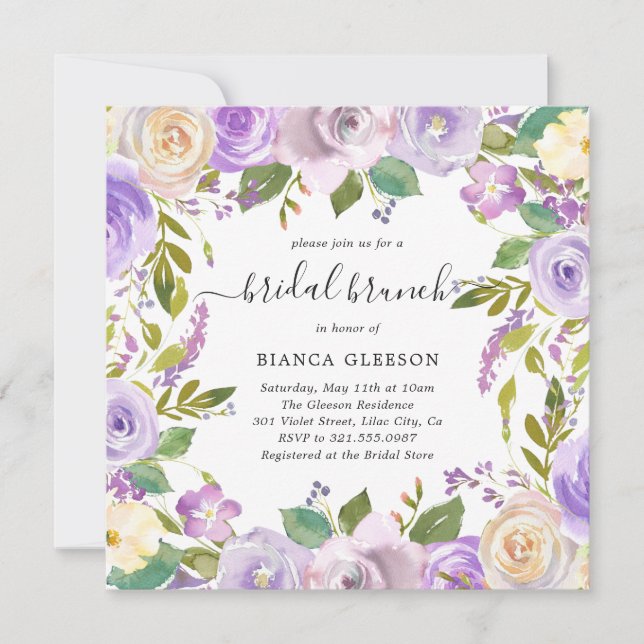 Lilac Watercolor Floral Elegant Bridal Brunch Invitation (Front)