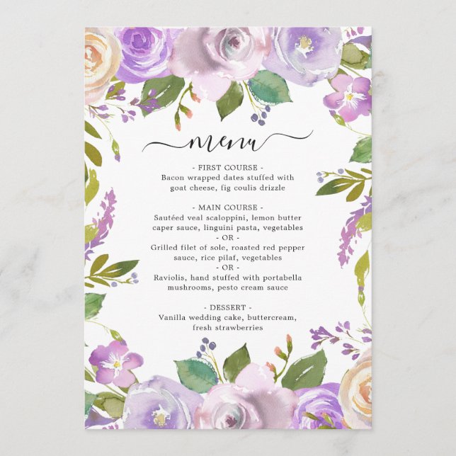 Lilac Watercolor Floral Elegant Wedding Menu (Front)