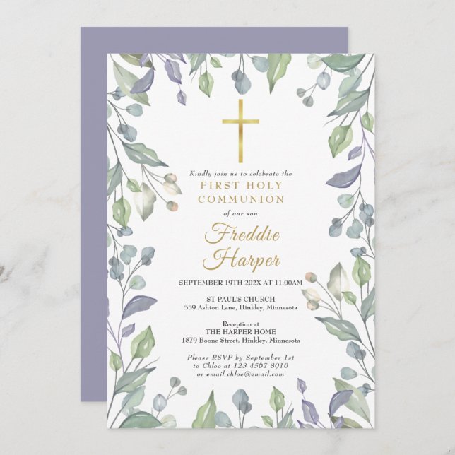 Lilac Watercolor Floral First Holy Communion Invitation (Front/Back)