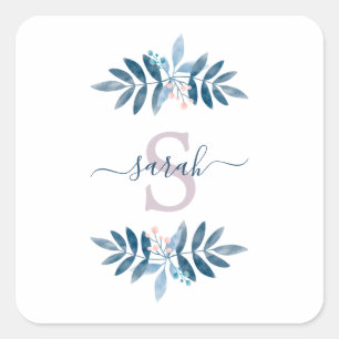 Lilac Watercolor Floral Monogram Square Sticker