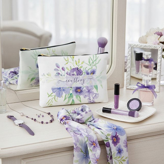 Lilac watercolor floral personalized accessory pouch (Creator Uploaded)