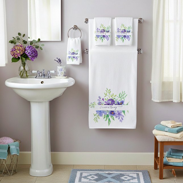 Lilac watercolor floral personalized  bath towel set (Creator Uploaded)