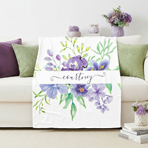 Lilac watercolor floral personalized fleece blanket
