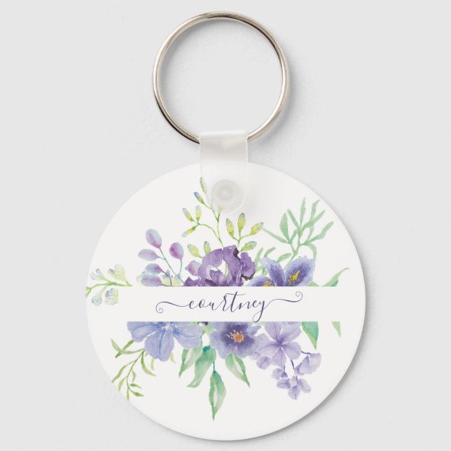 Lilac watercolor floral personalized  keychain (Front)