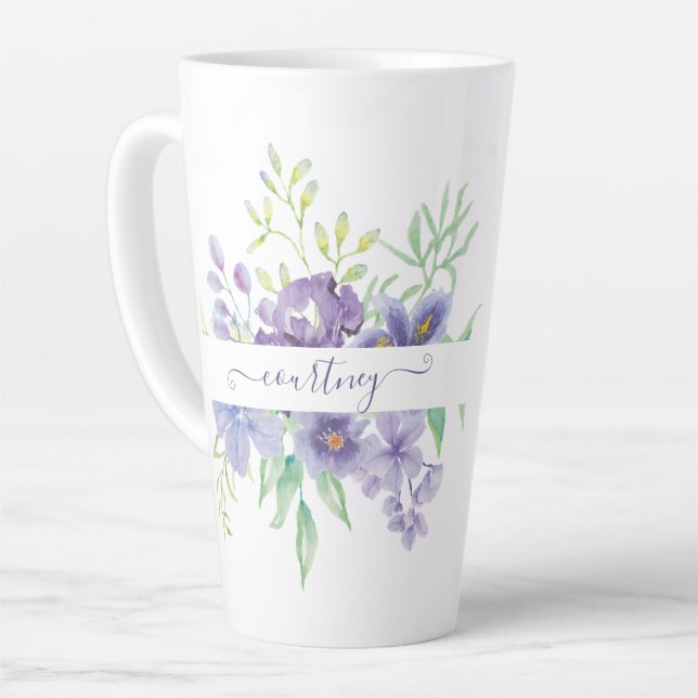 Lilac watercolor floral personalized  latte mug (Left Angle)