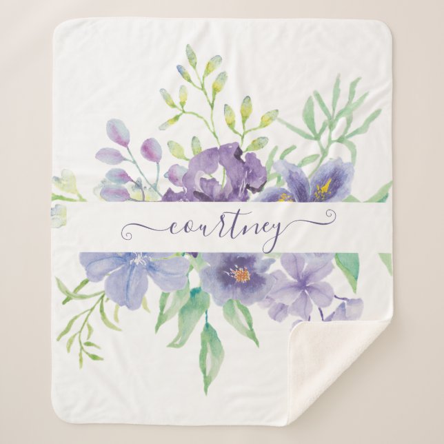 Lilac watercolor floral personalized  sherpa blanket (Front)