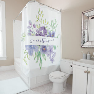 Lilac watercolor floral personalized shower curtain