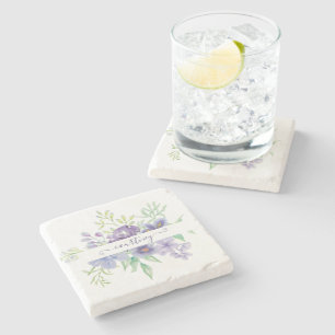 Lilac watercolor floral personalized stone coaster