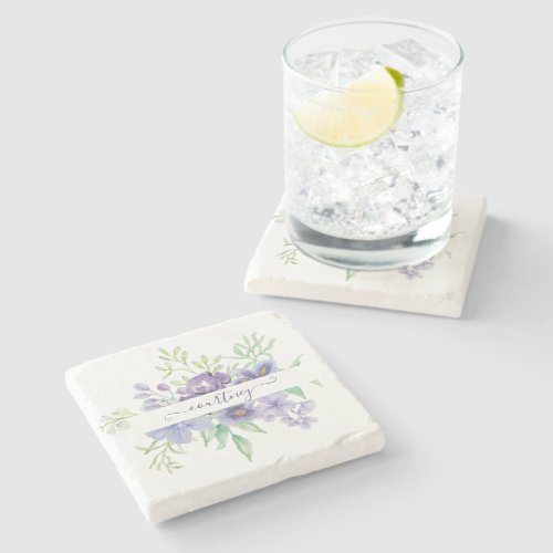 Lilac watercolor floral personalized  stone coaster